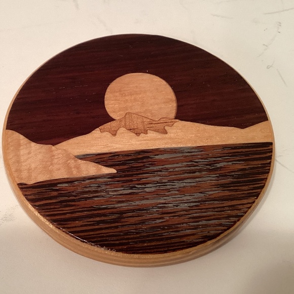 Wood Inlaid 4 Coasters Sailboat and Mountain Sunset - Picture 4 of 7